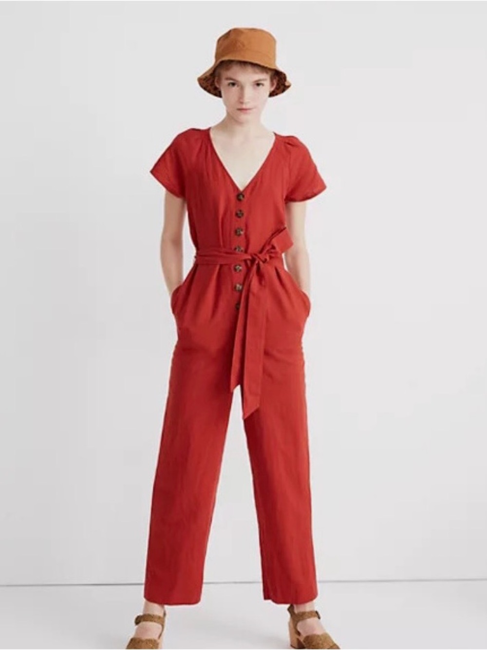Madewell Linen-Cotton Pleat-Sleeve Jumpsuit
